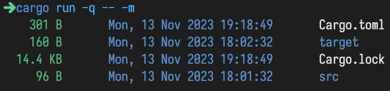 A screenshot of our program ran, passing along -m to show its date modified. The output prints the size (as before), a tabulated space, then the dates, e.g. Mon, 13 Nov 2023 19:18:49 and then another tabulation and the filename, as before.