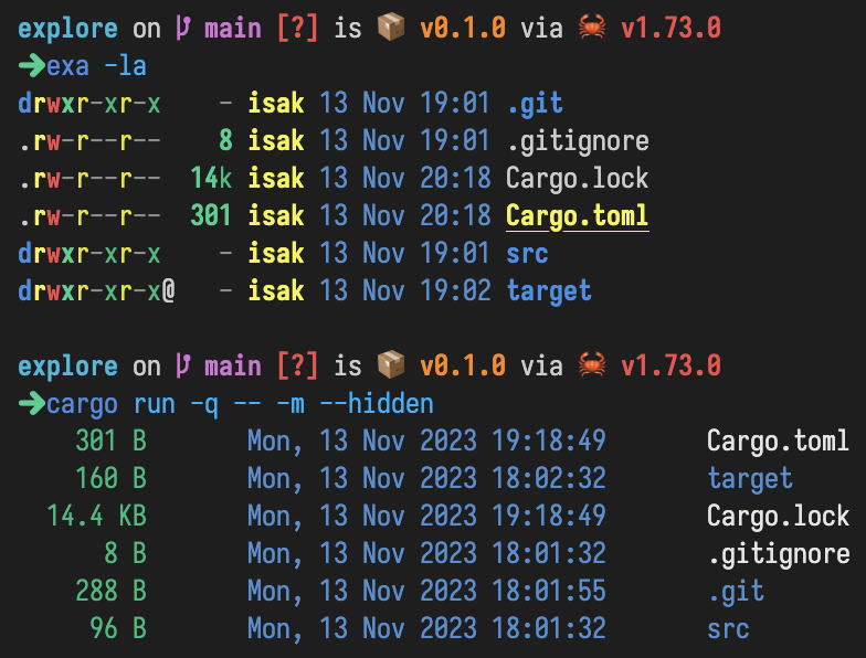 A screenshot of two commands and their output. The first is exa -la, which outputs similar information, but also permissions of files, the author/owner of the file, and some extra highlights because it understands this is a Rust project, so it underlines and uses yellow+bold for Cargo.toml. Afterwards is our command run, same as before.