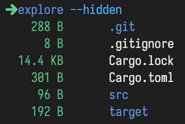 A screenshot of explore --hidden being ran in our project folder, outputting the same as before, except without the date modified. Success!